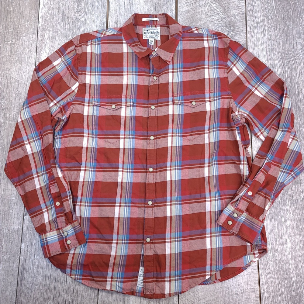 Lucky Brand Button Front Shirt Mens Large Red Plaid Western Snap Classic Fit